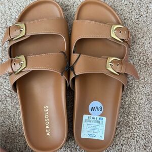 AEROSOLES Tan Slide Sandals with Gold Buckles